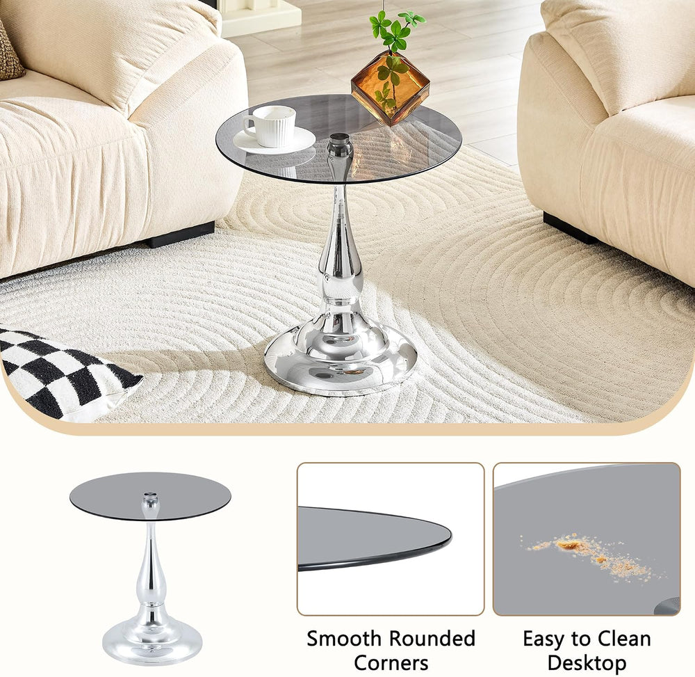 Round Glass Side Table with Silver Metal Base, 19.6'' Gray Tempered G...