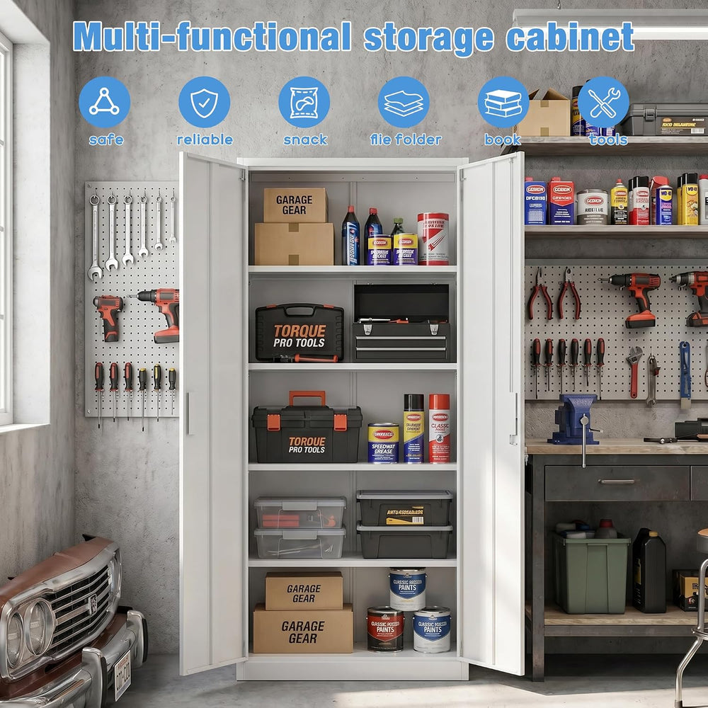 SUXXAN 71-Inch White Metal Storage Cabinet with Locking Doors | Four adjustab...