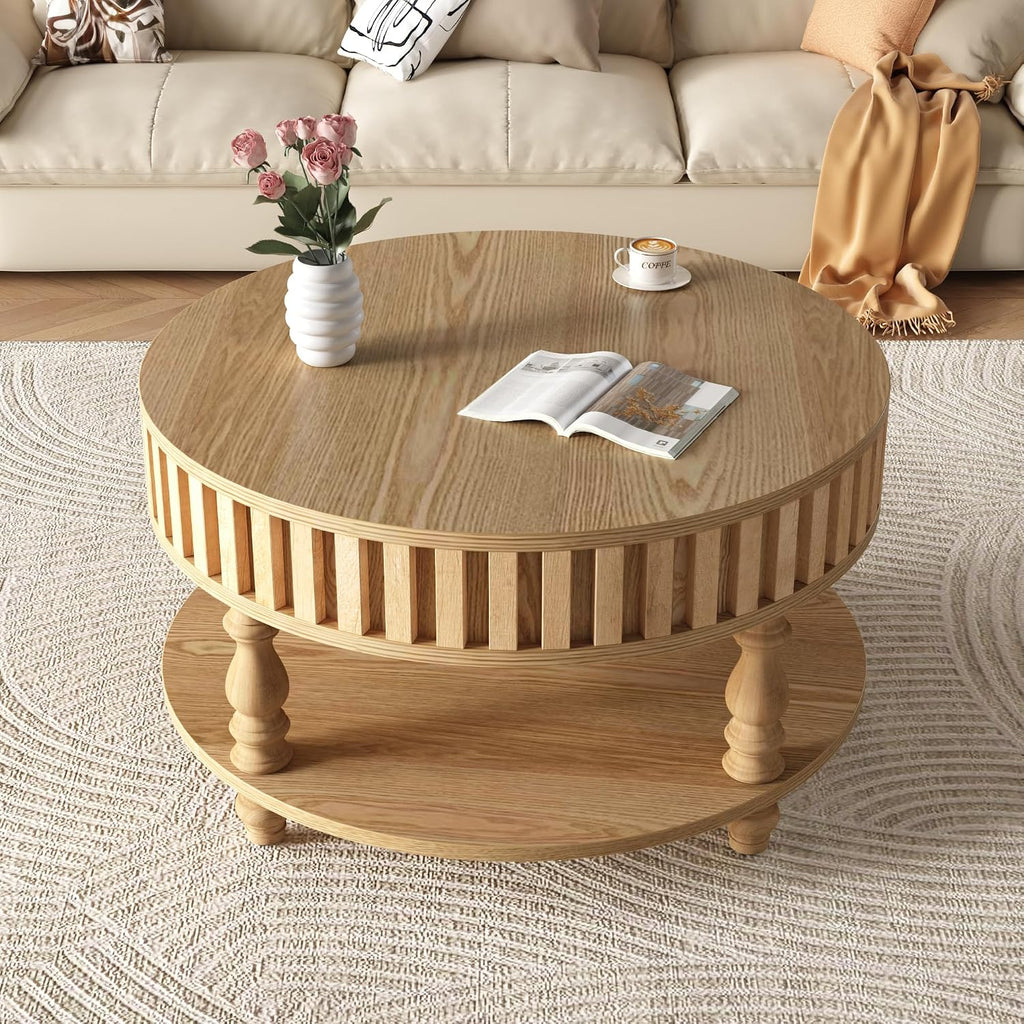 TesNus 31.5'' Round Coffee Table with Storage, Modern Wood Coffee Table for Living Room, Small Center Table with Hidden Compartment & Open Shelf, Farmhouse Boho Mid Century Coffee Tables, Natural Wood