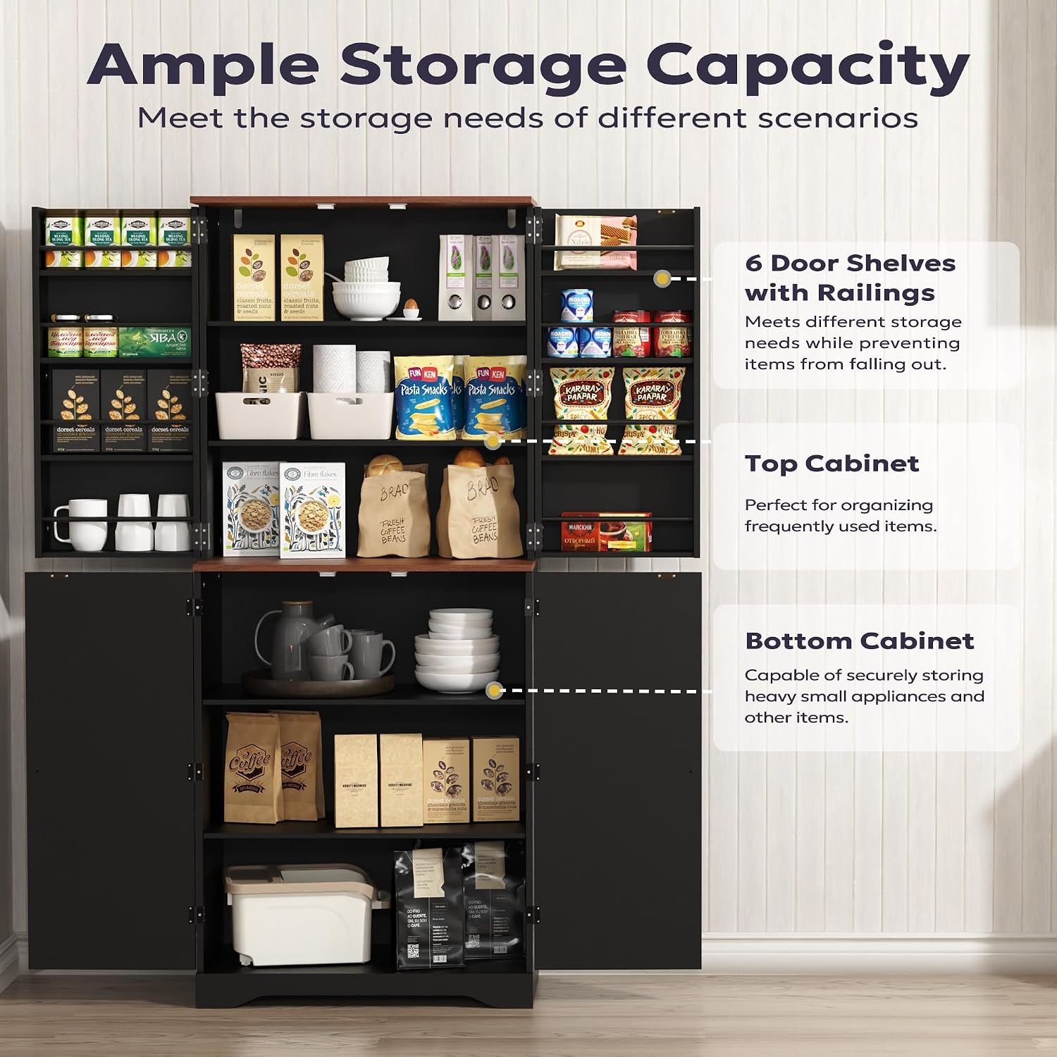 Furnify 72" Tall Kitchen Pantry Cabinet with Door Organizer, Black | Farmhouse Rustic Tall Buffet Cabinet with Adjustable Shelves, Freestanding Storage Cupboard for Kitchen Dining Room Bathroom