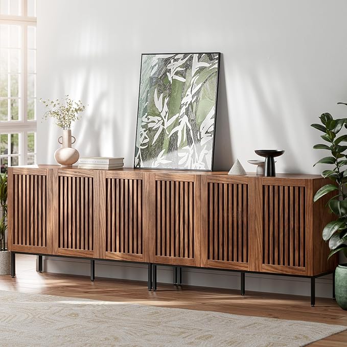Farmhouse TV Stand for TVs up to 100 inch, 2 in 1 Entertainment Center TV Console with Storage Cabinets and Metal Base,Brown Media Console for Living Room