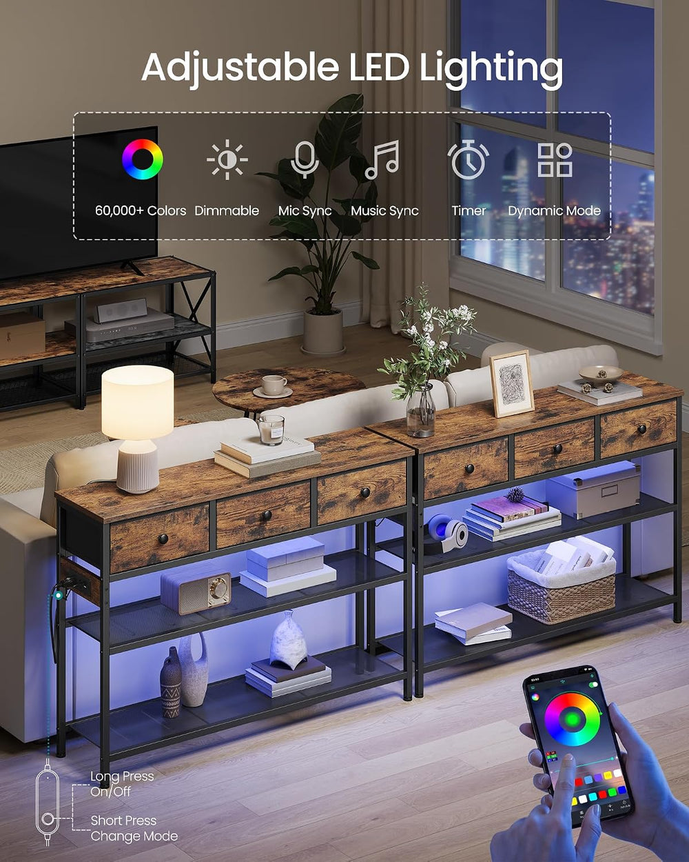 SONGMICS Console Table with Charging Station, Narrow Sofa Table with LED Ligh...