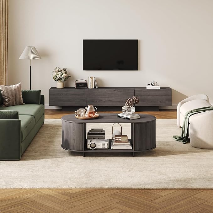 Coffee Table and TV Stand Set of 2,76.4'' Modern TV Console,Entertainment Center with 3 Drawers,Modern Oval Coffee Table with Storage, Wood Center Tables for Living Room, Bedroom, Home Office, Grey