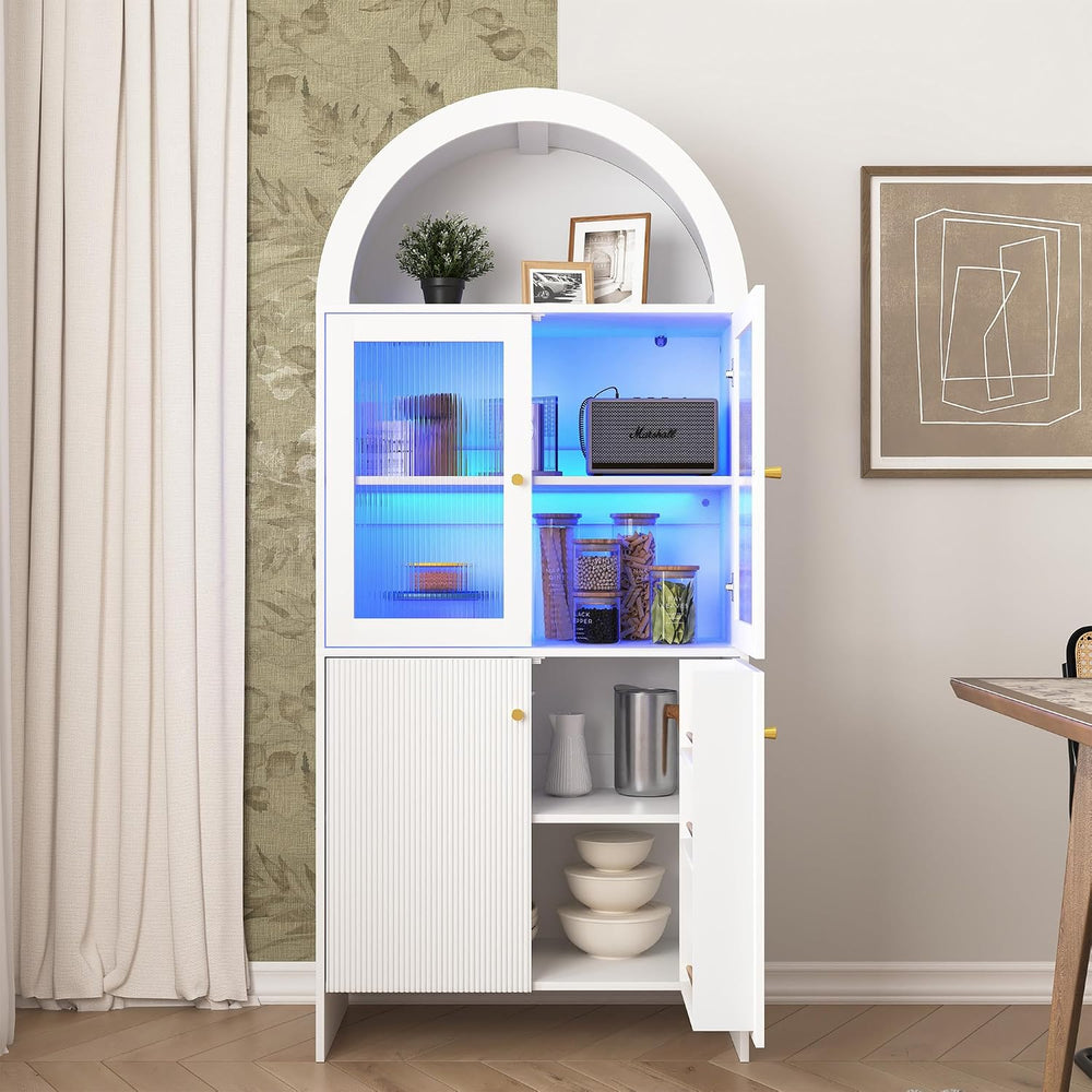69" LED Tall Arched Kitchen Pantry Cabinet, Wood Kitchen Storage Hutch w...