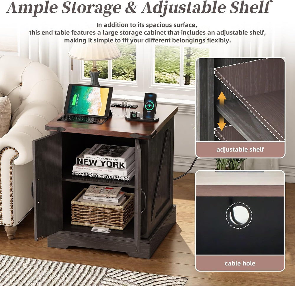 Merax Farmhouse End Table with Charging Station, Rustic Wood Nightstand with ...