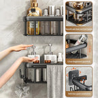Shower Caddy Adhesive 2Pack with Hooks and Rod for Towels Black-Premium Bathroom Shower Shelves Shampoo Organizer Rack Storage Bathtub Shelf Rustproof Easy Installation Sturdy Build Sleek Modern Look