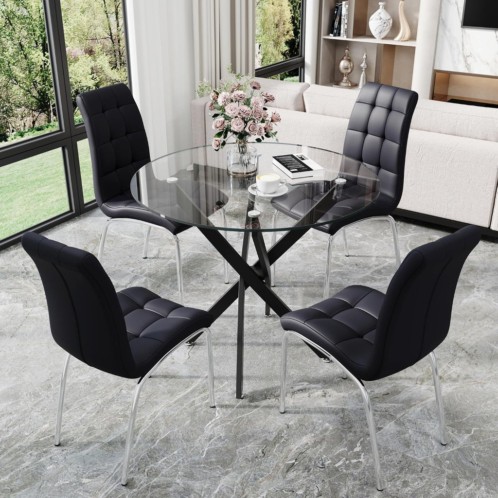 36” Round Glass Dining Table Set for 4, Space-Saving Clear Glass Kitchen Table with Black Metal X Legs and 4 PU Leather Dining Chairs with Silver Legs, Small Dining Set for Apartment & Bistro