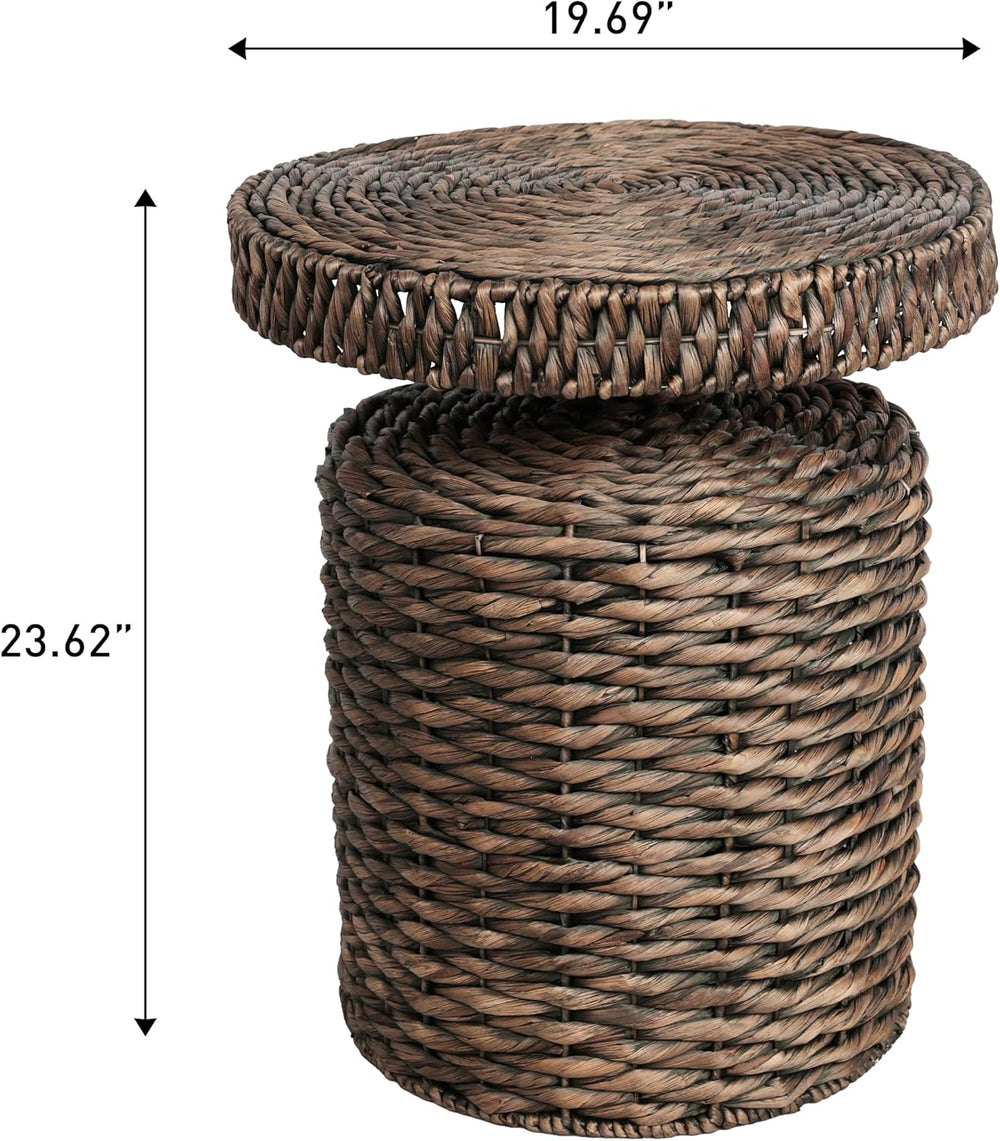 JONATHAN Y Marisol Round Brown Woven Water Hyacinth Side Table with Iron Fram...
