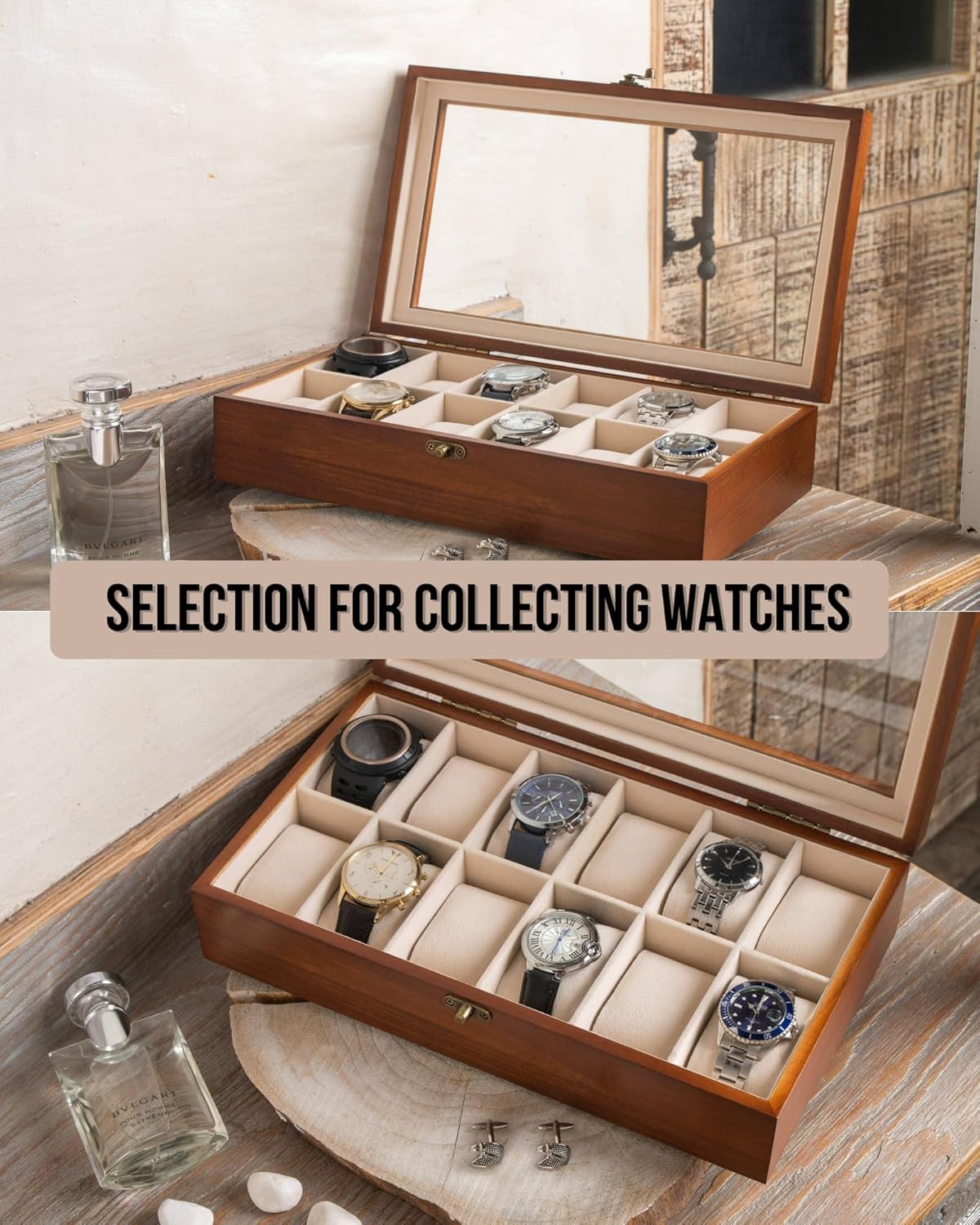 Watch Box, Watch Case for Men Women with Large Glass Lid, Wooden Watch Display Storage Box with 12 - Slots, Classic Walnut Mens Watch Box Organizer