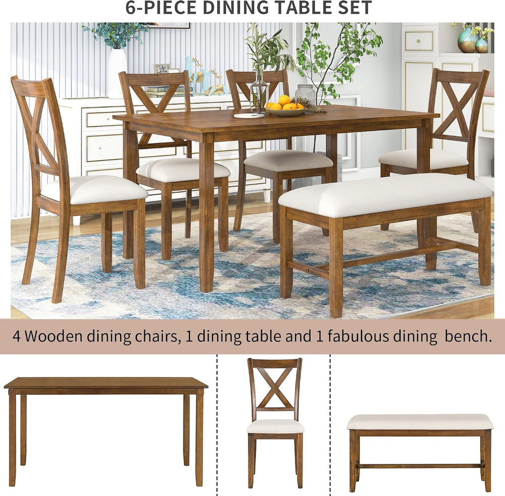 Merax 6 Piece Farmhouse Dining Table Set, 60" Solid Wood Rectangular Kit...