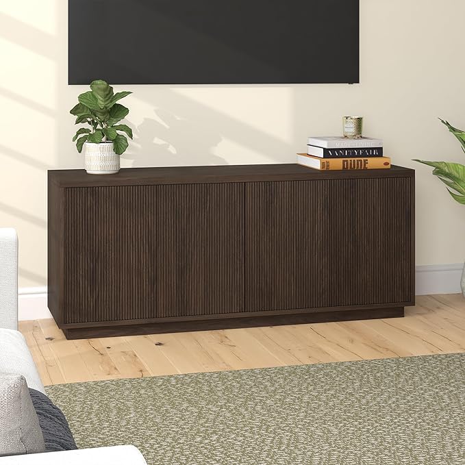 Henn&Hart Fluted TV Stand for TVs up to 65" with 2 Concealed Ribbed Storage Cabinets and Adjustable Shelves for Living Room, Family Room, or Office, Warm Brown