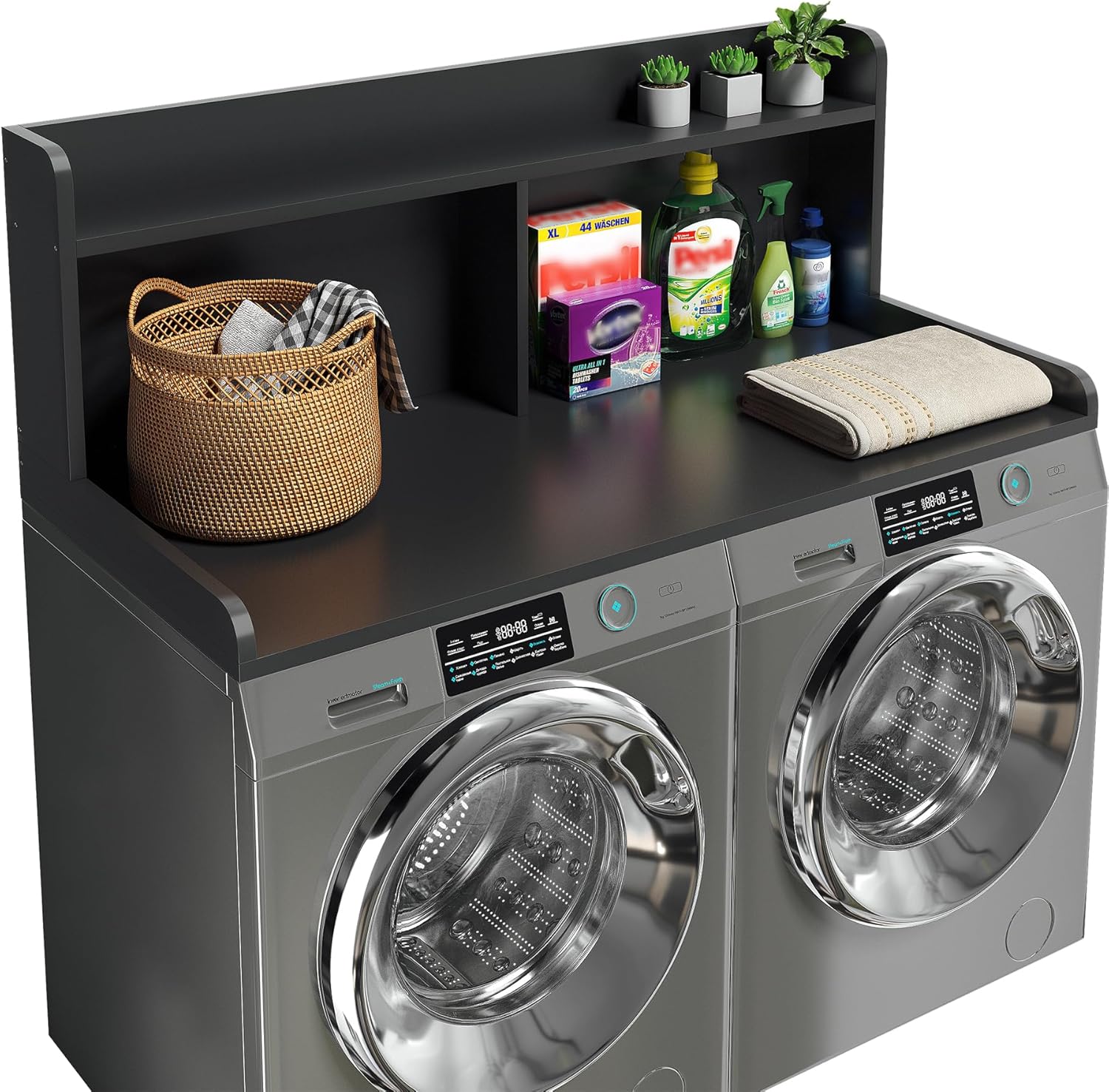 2-Tier Washer Dryer Countertop, 18.5" Raised Height Laundry Countertop with Edge Rails and Non-Slip Pad, 54"W x 27.55"D Washer and Dryer Topper for Laundry Room Storage Organization (Black)