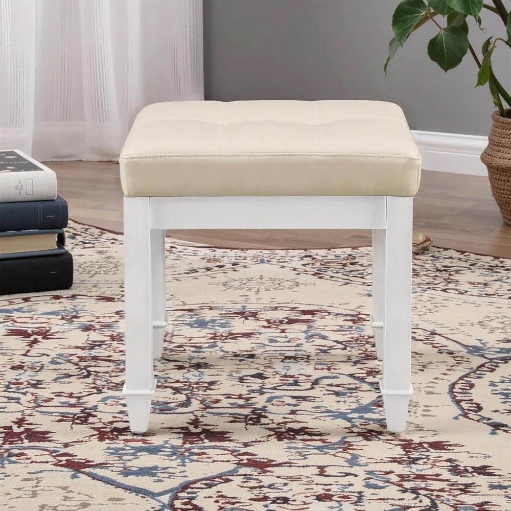 Solid Wood Vanity Bench Stool, Small Vintage Ottoman Foot Stool with Off-Whit...