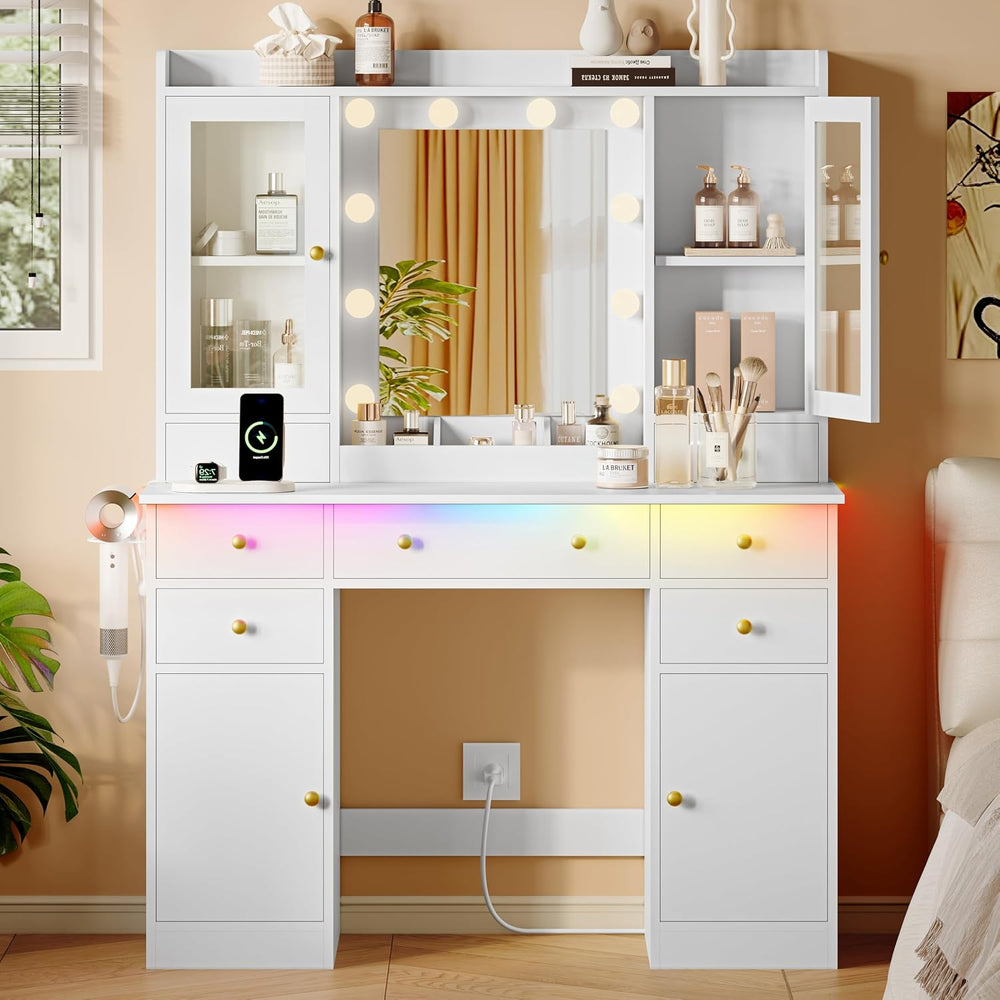 Xixini 44" Vanity Desk with Mirror & Lights, Glass Storage Cabinets,...