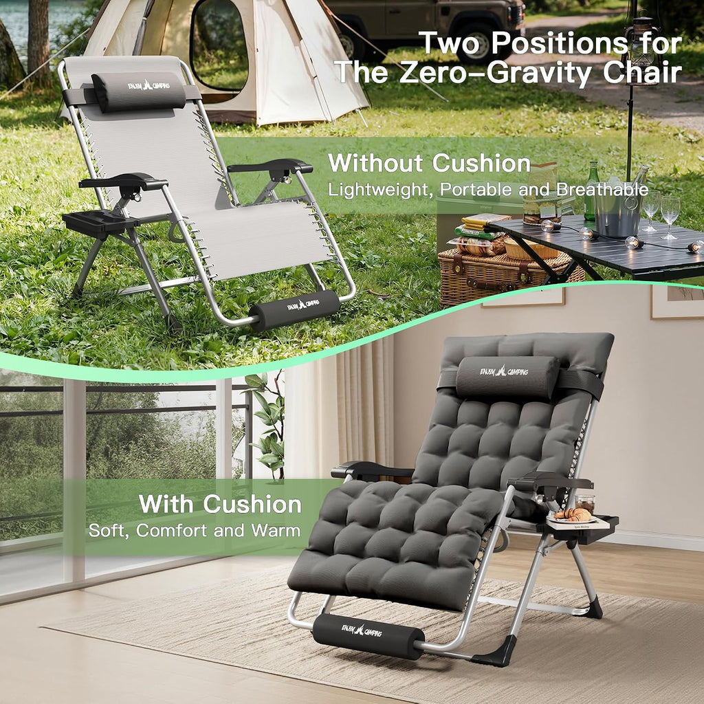 Oversized Zero Gravity Padded Chair XXL 33In Reclining Camping Lounge Chair | w/Removable Cushion & Headrest & Upgraded Lock & Footrest & Cup Holder Foldable Recliner for Indoor Outdoor,500LBS Capacity