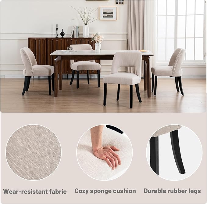 VKNOW Wooden Dining Chairs Set of 4, Modern Fabric Upholstered Dining Room Ch...