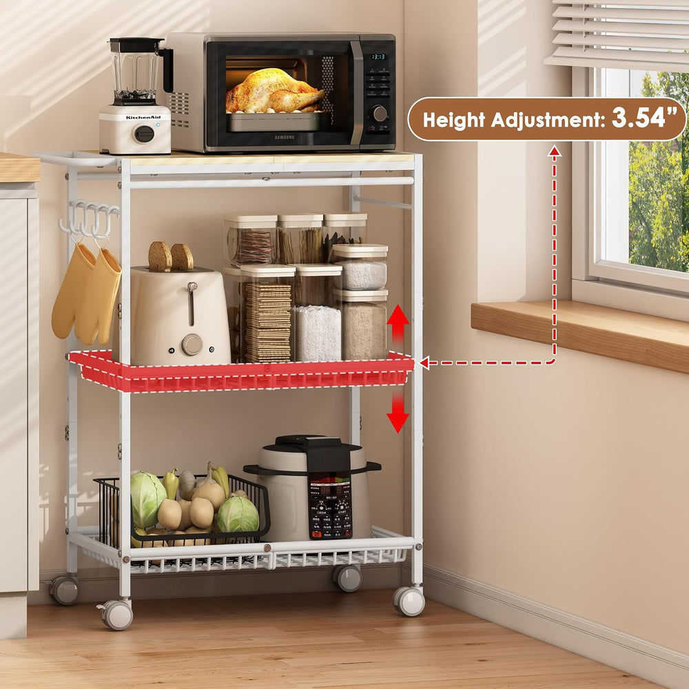 Microwave Kitchen Cart with 2 Lockable Wheels, White Kitchen Storage Cart wit...