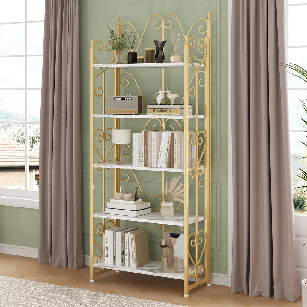 JSB 5 Tier Folding Bookshelf,Industrial Storage Shelves, No Assembly Vintage Wood Look Bookshelf with Storage Shelves for Living Room, Bedroom, Office (White and Gold)