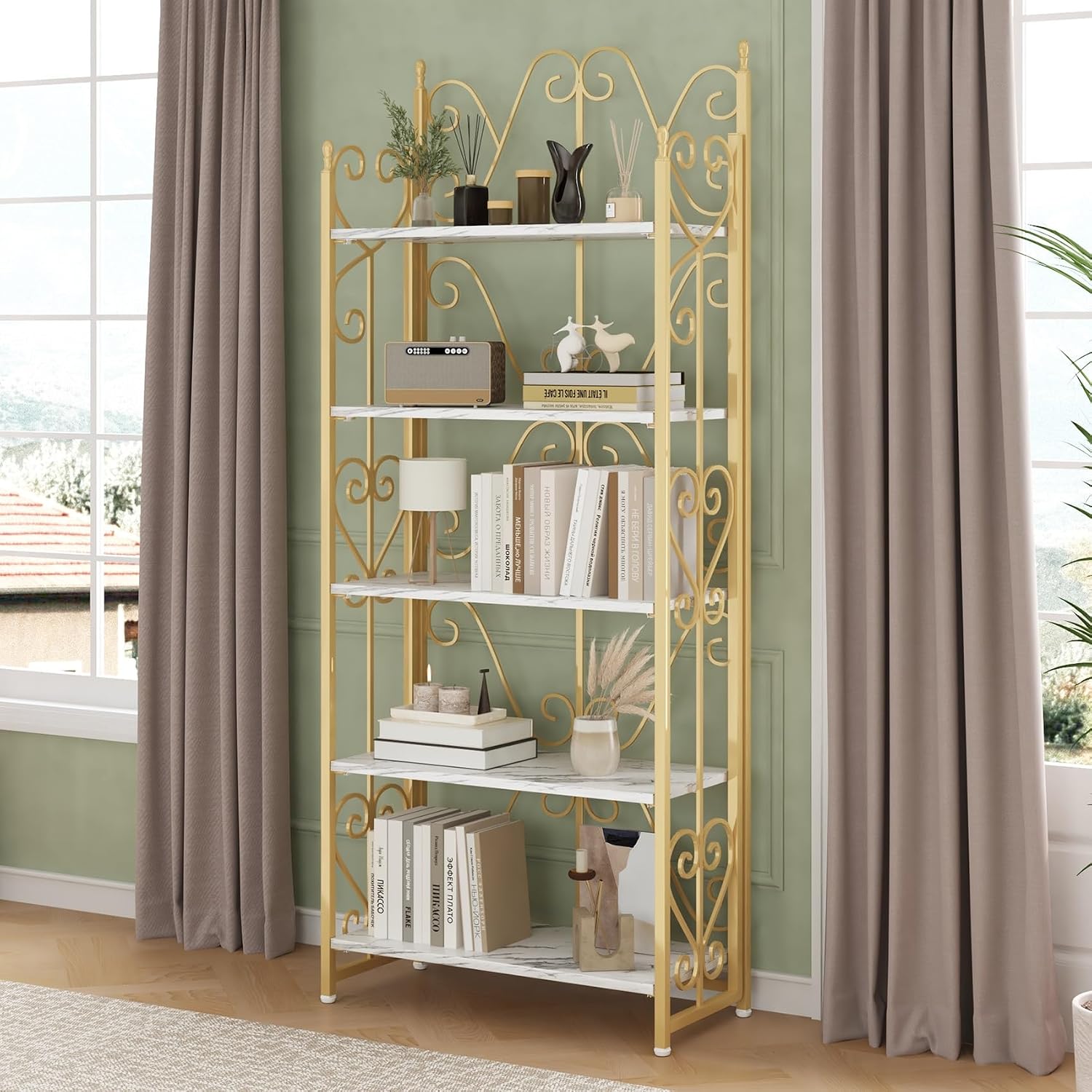 JSB 5 Tier Folding Bookshelf,Industrial Storage Shelves, No Assembly Vintage Wood Look Bookshelf with Storage Shelves for Living Room, Bedroom, Office (White and Gold)