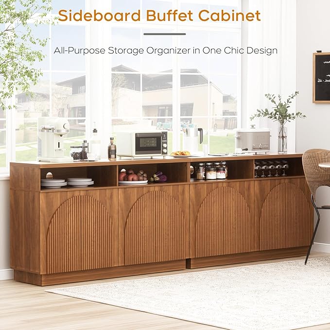 Fluted TV Stand with Arched Reeded Design Doors, Set of 2 Modern Entertainment Center with Storage for Up to 98", TV Media Console, Adjustable & Open Shelves, TV Cabinet for Living room, Walnut
