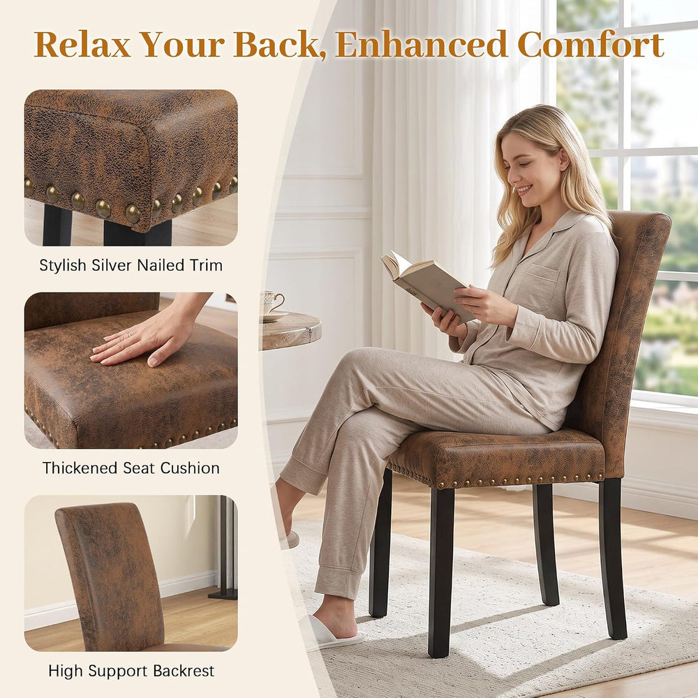 Dining Chairs Set of 4, Vintage Brown Kitchen Chairs with Nailhead Trim | Com...
