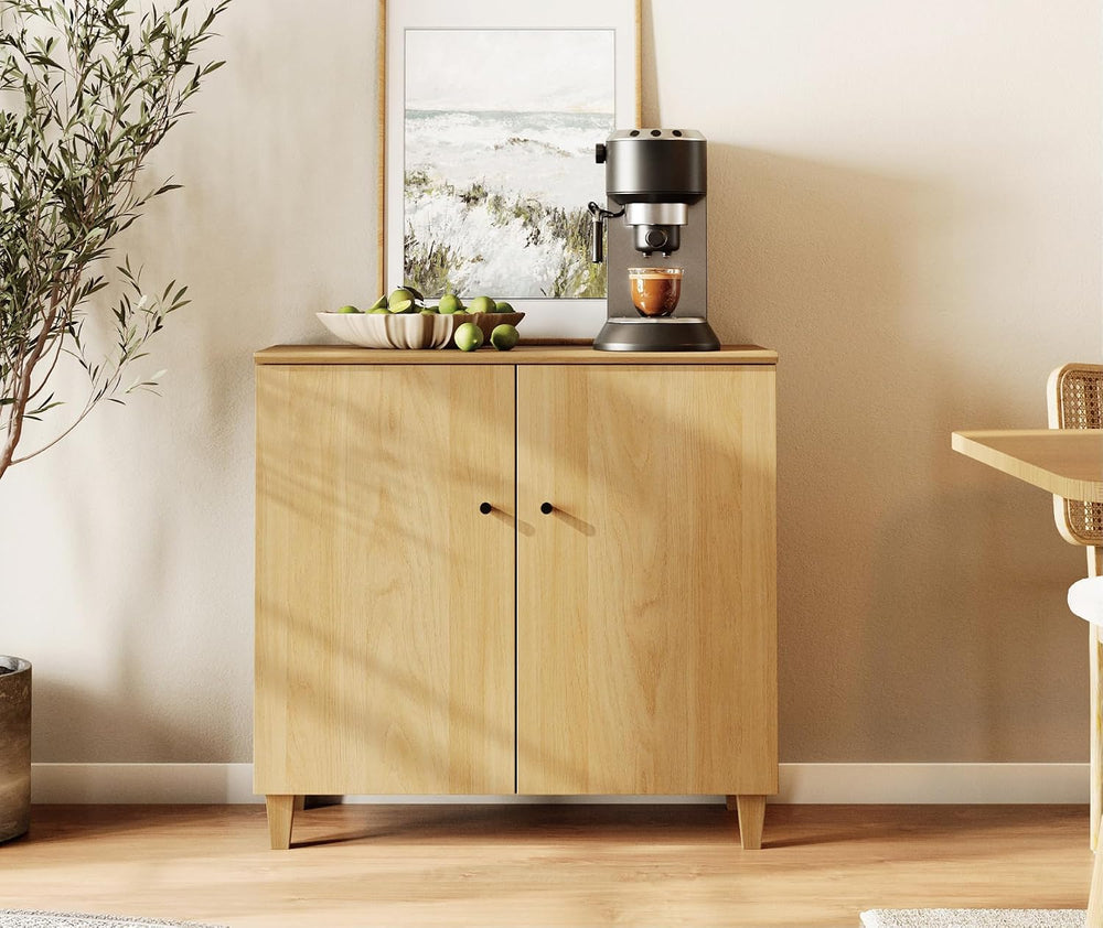 WAMPAT 35.4" Wood Sideboard Buffet Table with 2 Doors – Small Oak Creden...
