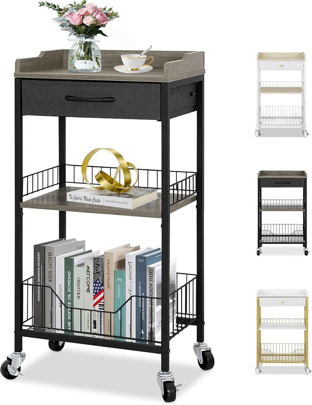 Tall Side Table with Drawer and Shelves, Narrow End Table with Optional Wheel...