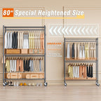 Homdox Heavy Duty Rolling Clothing Rack, Adjustable Garment Rack with 3 Tier Storage Shelves, Freestanding Closet Wardrobe for Hanging Clothes with Side Hooks, Gray