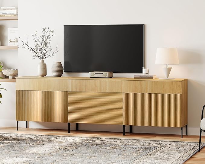WAMPAT Fluted TV Stand for TVs up to 100", 3 in 1 Modern Entertainment Center with Storage Cabinets and 5 Drawers & 4 Doors, Wood Media TV Console Table with Storage for Living Room, Oak