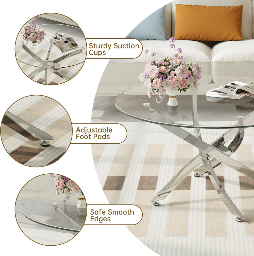 Round Glass Coffee Table Set with 1 Coffee & 1 End Table, Modern Living R...