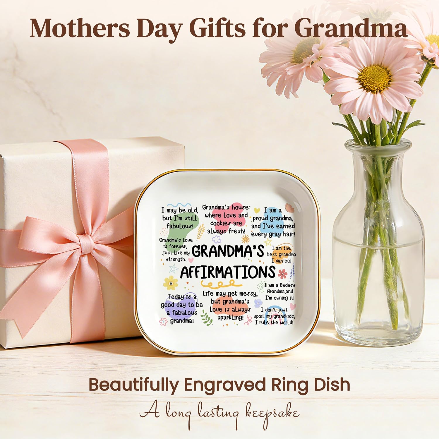 Gifts for Grandma Birthday Christmas Mothers Day Appreciation Grandma Gifts | Grandma's Affirmations Ring Dish 4", Ceramic