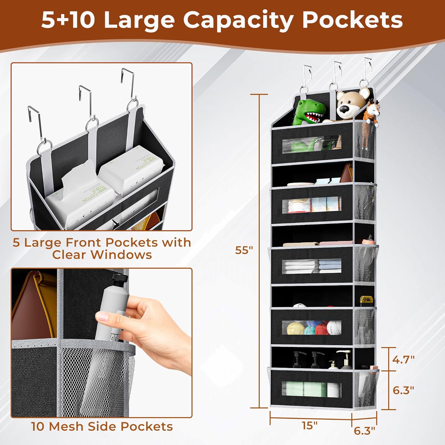 2 Packs 5-Tier Over the Door Storage Organizer with 10 Side Mesh Pockets, 48 lbs Load Capacity, 3 Hooks Design, Hanging Organizer with Clear Windows for Bathroom, Bedroom, Nursery, Kitchen-Black