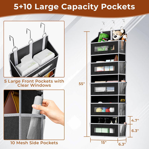 2 Packs 5-Tier Over the Door Storage Organizer with 10 Side Mesh Pockets, 48 lbs Load Capacity, 3 Hooks Design, Hanging Organizer with Clear Windows for Bathroom, Bedroom, Nursery, Kitchen-Black