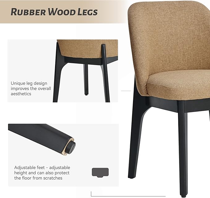 VKNOW Wooden Dining Chairs Set of 2, Upholstered Dining Room Chairs with Rubberwood Legs and Padded Seats, Kitchen Chairs for Restaurant Kitchen Living Room, Ochre Yellow
