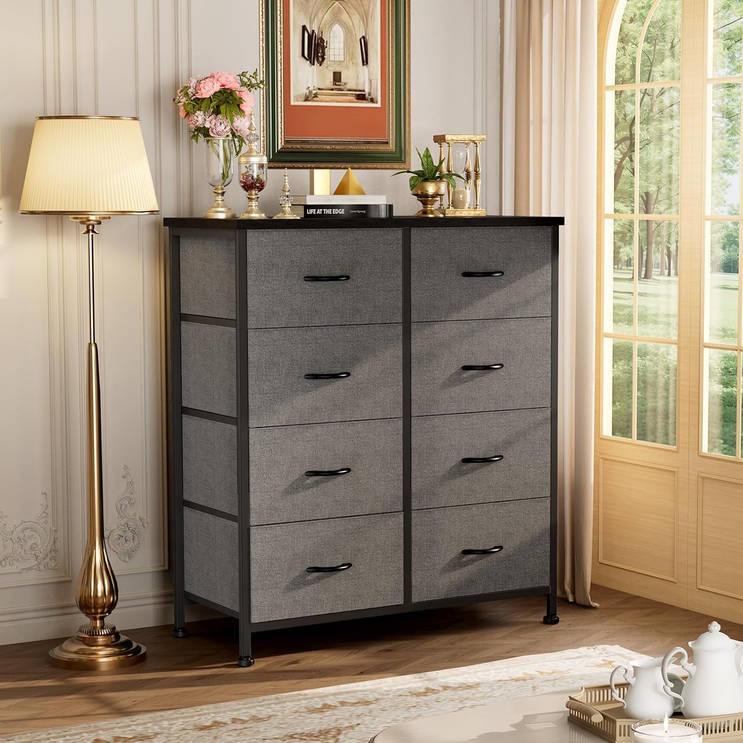 Dresser for Bedroom with 8 Drawers, Anti-Tip Tall Fabric Chests Storage Organizer Tower Furniture with Wooden Top Metal Frame for Clothes, Closet, Living Room, Hallway, Entryway