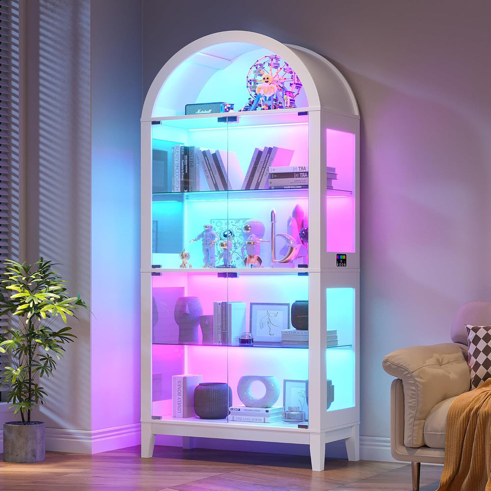 HNEBC Arched Display Case with RGB Lights, 69" Tall 5-Tier Tempered Glas...