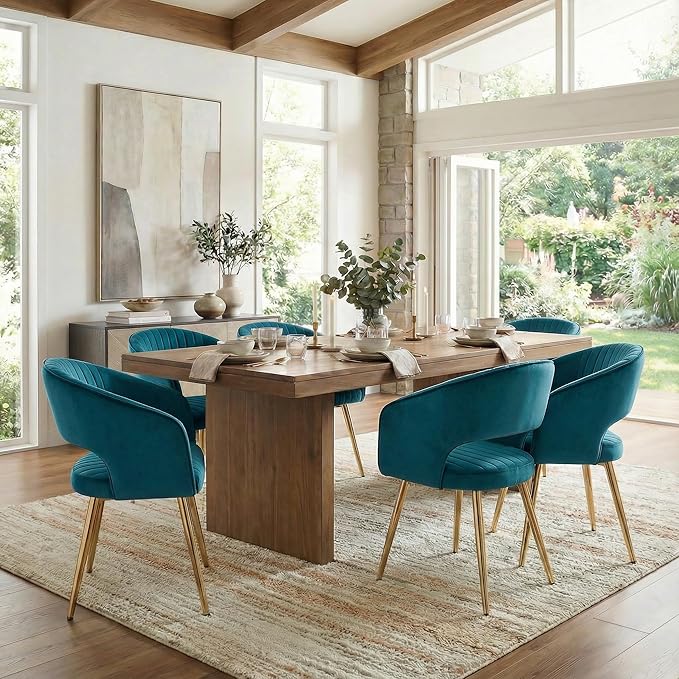 Teal Velvet Dining Chairs Gold Legs, Modern Dining Room Chairs with Arms Set of 4 Upholstered Accent Chair Armchair with Barrel Back for Kitchen Living Room