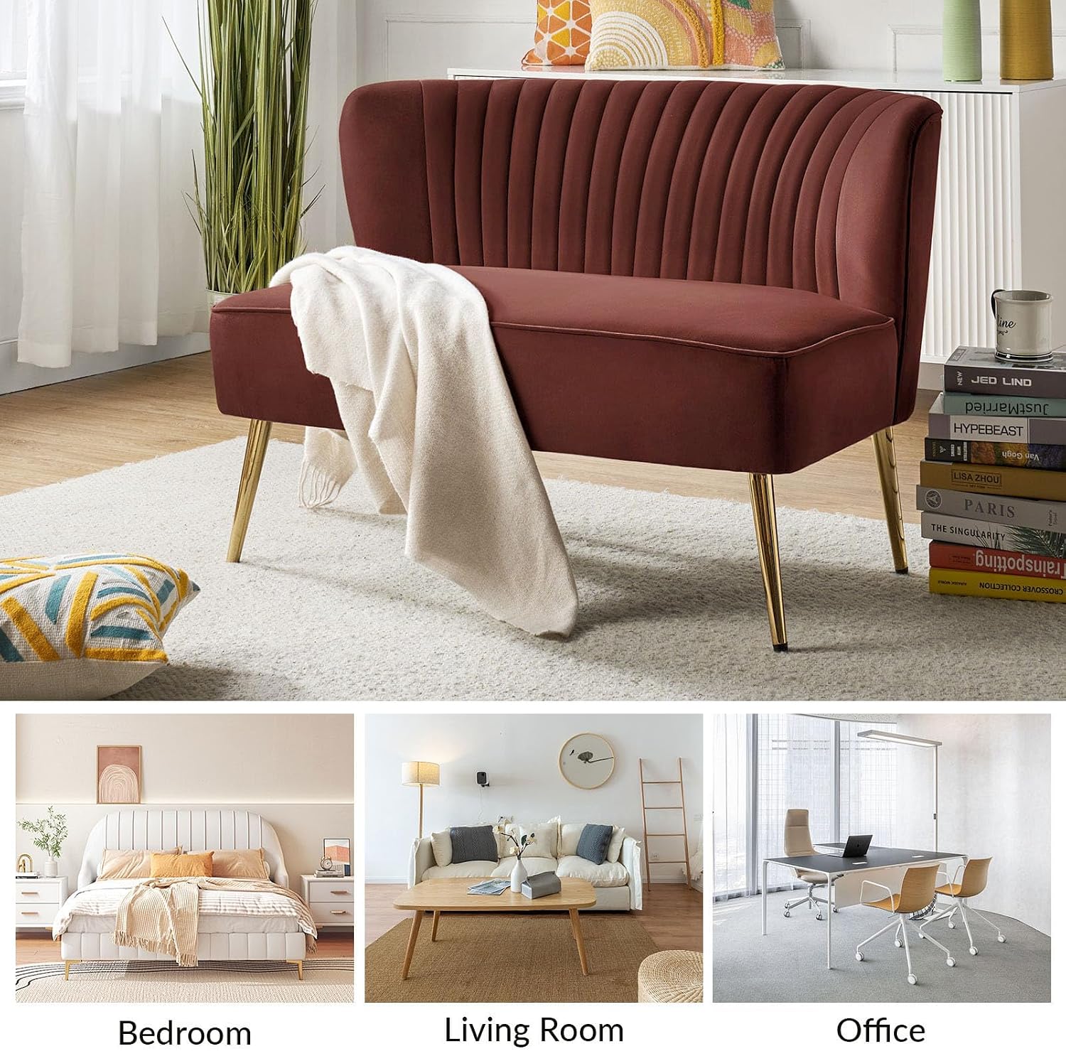 TINA'S HOME Mid-Century Velvet Loveseat Sofa, Upholstered Loveseat Couch with Golden Metal Legs, Small Tufted 2-Seat Sofa Armless Love Seat for Living Room Bedroom, Burn Brick