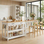 47.2" Kitchen Island with Storage & Wine Rack, Modern Stationary Island Table with Large Worktop - Features 3-Tier Shelf, 2 Drawers, Power Outlets & Hooks for Dining & Coffee Bar, White