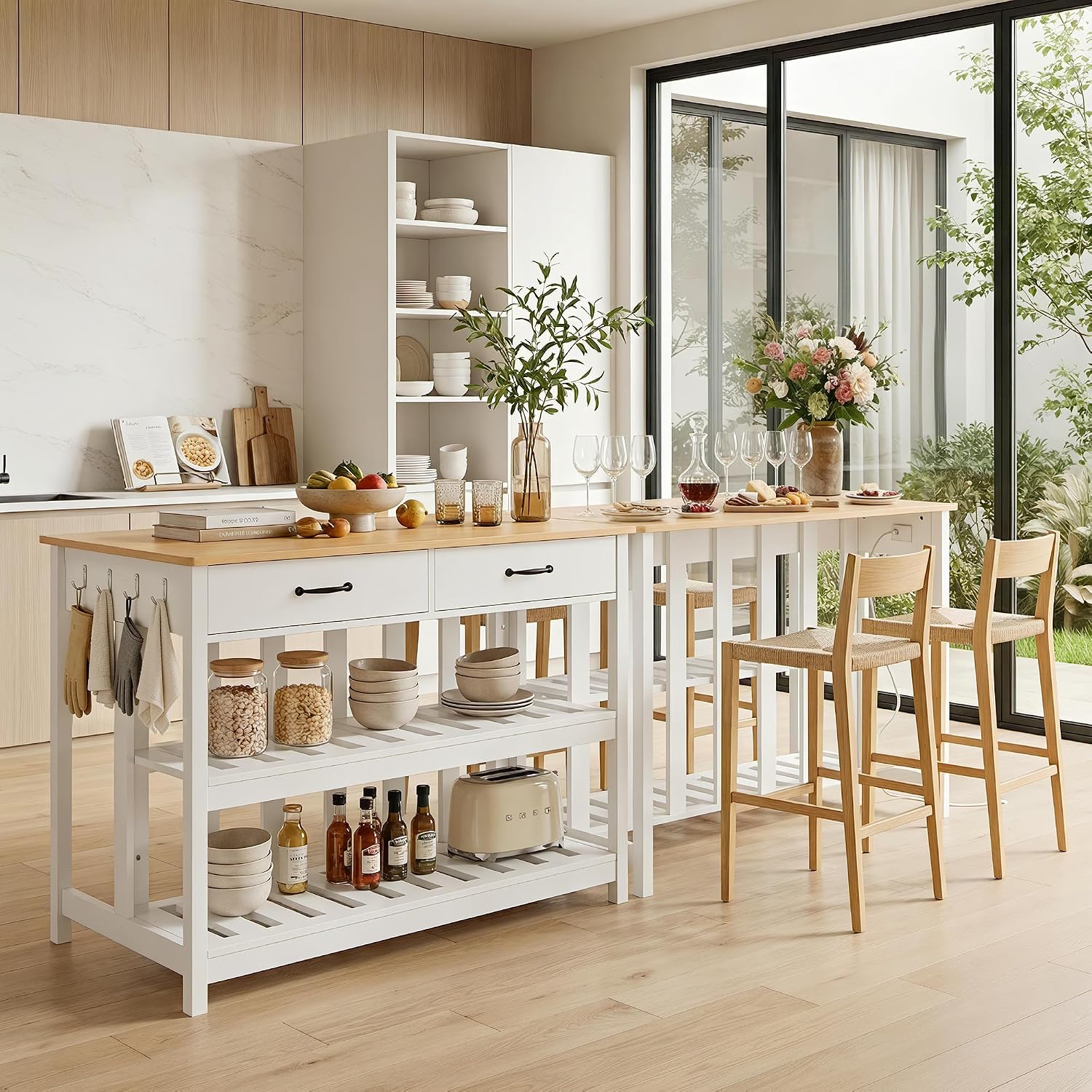 47.2" Kitchen Island with Storage & Wine Rack, Modern Stationary Island Table with Large Worktop - Features 3-Tier Shelf, 2 Drawers, Power Outlets & Hooks for Dining & Coffee Bar, White