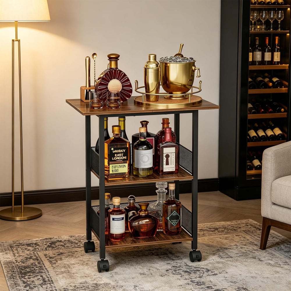 Bar Cart, Mobile 3-Tier Serving Cart with Lockable Wheels, Freestanding Wine ...