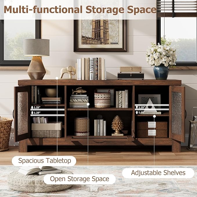 Garvee Farmhouse TV Stand for 55 Inch TV, Entertainment Center with Acrylic Door & Adjustable Shelves, Sideboard Buffet Storage Cabinet for Living Room Bedroom, Rustic Brown