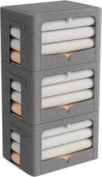 FHSQX 3 Pack Clothes Storage Bins Foldable Metal Frame Storage Box Stackable Linen Fabric Organizer Set with Carrying Handles and Clear Window (Dark Gray, 15.7x11.8x11.8inch(36L))