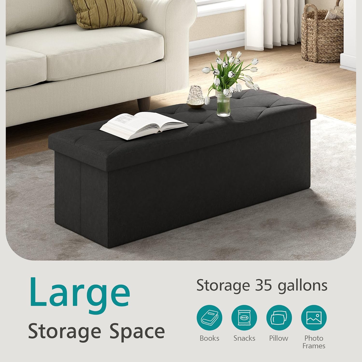 VECELO 43'' Folding Storage Ottoman Bench, Storage Chest, Linen Fabric Foot Rest Stool, 158L Storage Footstools for Bedroom and Living Room, Holds up to 660 lbs, JBlack