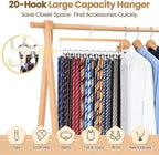 Tie Rack Hanger for Closet Upgraded 2-in-1 Tie and Belt Hanger Non Slip Tie Rack with 20 Hooks Tie Hanger Space Saving Wooden Belt Tie Organizer for Tank Tops Bras Cami Scarves, Wooden