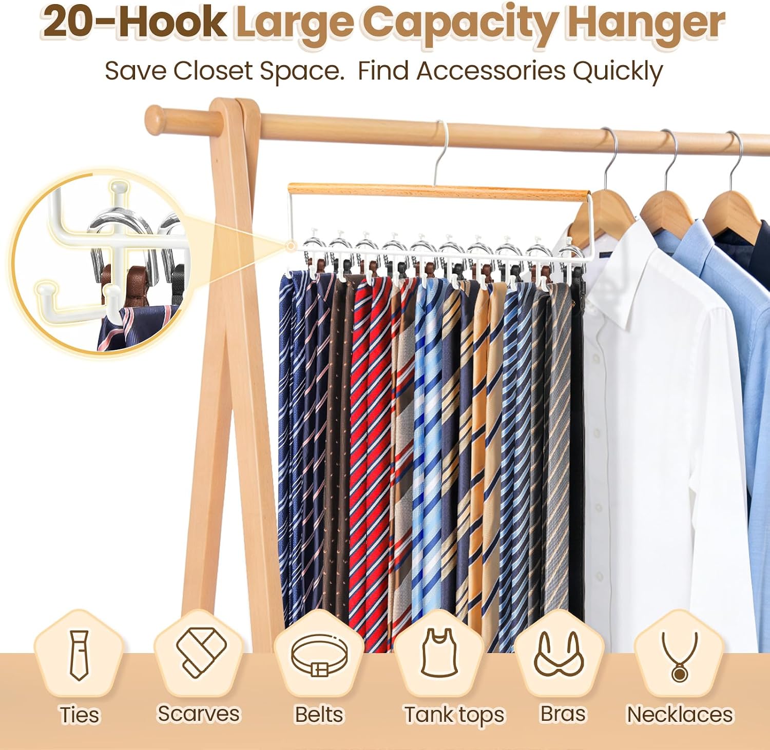 Tie Rack Hanger for Closet Upgraded 2-in-1 Tie and Belt Hanger Non Slip Tie Rack with 20 Hooks Tie Hanger Space Saving Wooden Belt Tie Organizer for Tank Tops Bras Cami Scarves, Wooden