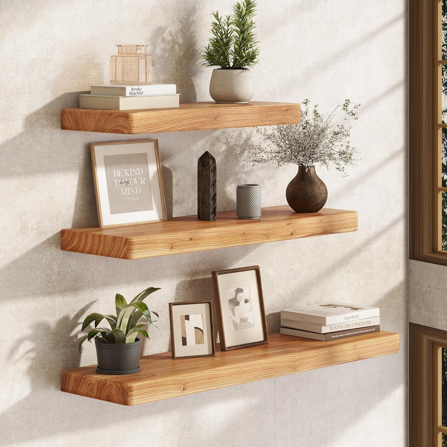 Fun Memories Rustic Elm Wood Floating Shelves, 30 Inch Wall Shelf Set of 2, Wooden Bathroom Shelves with Heavy-Duty Bracket, Storage & Display Shelf for Kitchen, Bedroom, Living Room