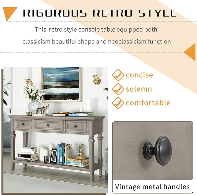 Merax Classic Long Narrow Console Table for Entryway Hallway Sideboard with Storage Drawers and Bottom Shelf Gray Wash