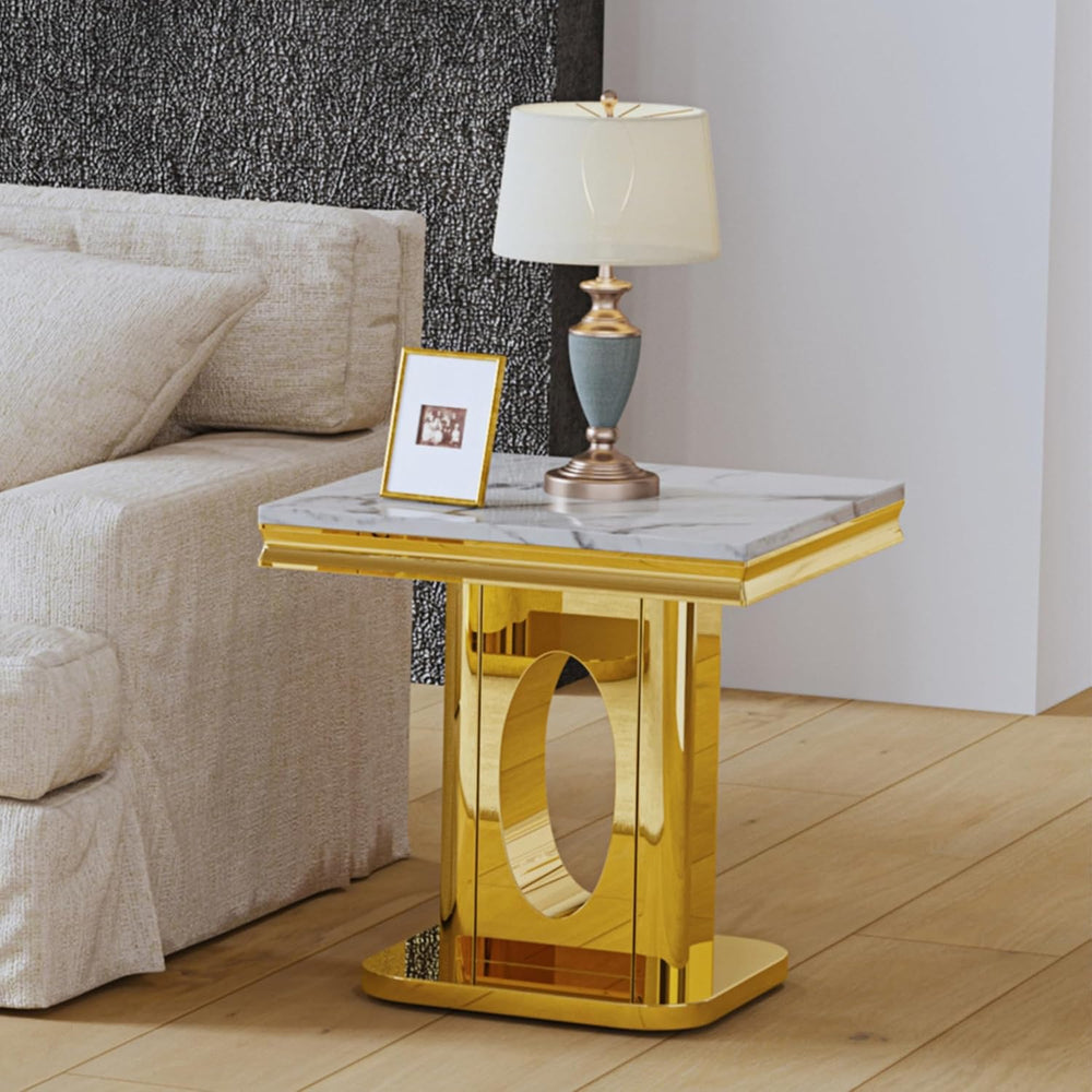 Luxury Square End Table, 23" White Faux Marble Top and Gold Mirror Stain...