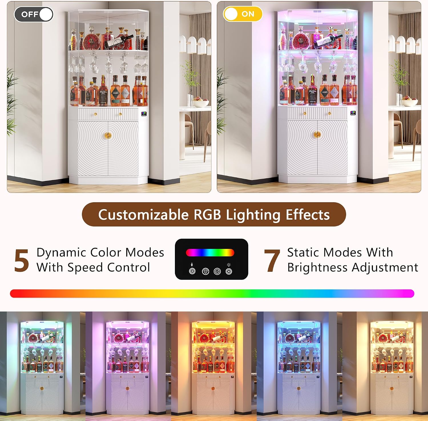 Vlsrka 71" Tall Corner Bar Cabinet with RGB Lighting & Motion Sensor LED | Corner Wine Cabinet with Mirror Back & Glass Doors, Modern Liquor Cabinet with Textured Storage for home living room, White